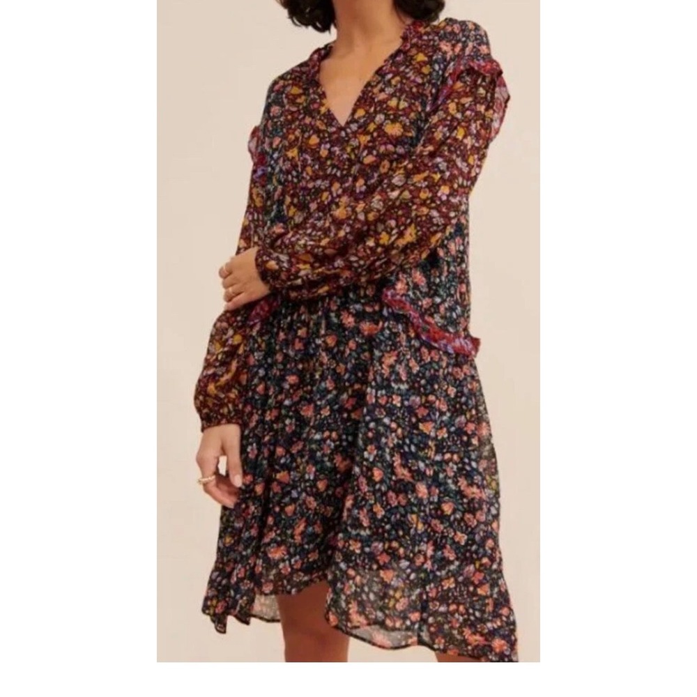 Anthropologie Helene Tunic Dress Women XS Boho Mixed Print Sheer Ruffles Cottage